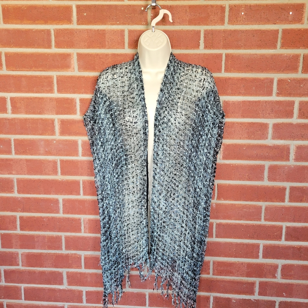 Black Green White Convertible Open Front Wrap Scarf Fringe Shawl.   #412